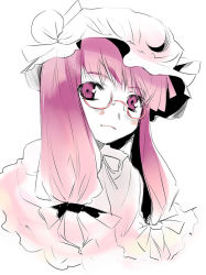 Rule 34 | 1girl, bespectacled, duplicate, female focus, glasses, hat, long hair, partially colored, patchouli knowledge, purple eyes, purple hair, ribbon, sketch, solo, touhou, upper body, white background, yuu (kfc)