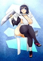 Rule 34 | 1girl, :o, black hair, blue eyes, blush, breasts, cleavage, crossed legs, curvy, dated, holding, holding weapon, invisible chair, iroha (samurai spirits), large breasts, legs, looking at viewer, maid, maid headdress, open mouth, ryou sakai, samurai spirits, self-upload, short hair, sideboob, signature, sitting, solo, thick thighs, thighhighs, thighs, toeless legwear, toes, weapon, wide hips