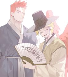 Rule 34 | 2021, 2boys, alternate costume, black kimono, blonde hair, blue eyes, boku no hero academia, couple, deavor lover, endeavor (boku no hero academia), facial hair, feathered wings, hat, hawks (boku no hero academia), highres, japanese clothes, kimono, male focus, mature male, multiple boys, red hair, red wings, scar, scar across eye, scar on face, short hair, sideburns, spiked hair, stubble, wings