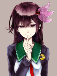 Rule 34 | 1girl, blue jacket, brown hair, commentary request, crescent, crescent pin, finger to mouth, green sailor collar, grey background, hair ornament, jacket, kantai collection, kisaragi (kancolle), kurou (bcrow), long hair, neckerchief, purple eyes, red neckerchief, sailor collar, simple background, solo, upper body