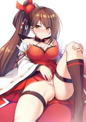 Rule 34 | 1girl, :o, azur lane, bare shoulders, breasts, brown eyes, brown hair, censored, cleavage, dress, female masturbation, fingering, hair ornament, highres, jacket, kneehighs, large breasts, long hair, looking at viewer, masturbation, noukatu, off shoulder, pointless censoring, ponytail, pussy juice, red dress, simple background, socks, solo, thigh strap, thighs, very long hair, white background, white jacket, zuikaku (azur lane)