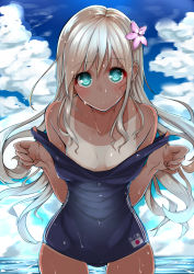 Rule 34 | 10s, 1girl, bare shoulders, blonde hair, blush, breasts, clothes pull, cloud, day, double vertical stripe, eyelashes, flower, green eyes, hair flower, hair ornament, kantai collection, leaning forward, long hair, looking at viewer, mikan (chipstar182), one-piece swimsuit, one-piece swimsuit pull, one-piece tan, parted lips, ro-500 (kancolle), school swimsuit, sky, small breasts, solo, standing, swimsuit, tan, tanline, tareme, thigh gap, thighs, wet, wide hips