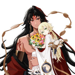 Rule 34 | 2boys, absurdres, aged down, androgynous, asura (onmyoji), bare pectorals, bishounen, bisque, black hair, blonde hair, bouquet, bow, child, dark-skinned male, dark skin, earrings, facial mark, flower, green eyes, highres, holding, holding bouquet, japanese clothes, jewelry, long hair, looking at another, looking at viewer, male focus, multicolored hair, multiple boys, onmyoji, pectorals, short hair, sitting, sitting on person, smile, sunflower, taishakuten (onmyoji), tattoo, two-tone hair, white background, white bow, white lotus
