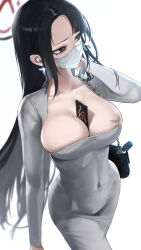 Rule 34 | 1girl, absurdres, bag, between breasts, black hair, blue archive, breasts, covered navel, dongtan dress, dress, earphones, earrings, forehead, hair down, halo, handbag, highres, jewelry, kazane-wind, large breasts, long hair, long sleeves, mask, meme attire, mole, mole on breast, mouth mask, red eyes, rio (blue archive), sex toy, solo, tattoo, taut clothes, taut dress, very long hair, vibrator, white dress, wireless earphones
