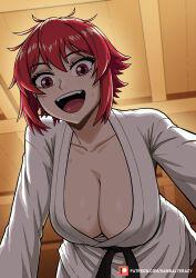 Rule 34 | 1girl, absurdres, aizawa tomo, breasts, cleavage, dougi, female focus, highres, karate gi, large breasts, open mouth, red eyes, red hair, smile, solo, tomboy, tomo-chan wa onna no ko