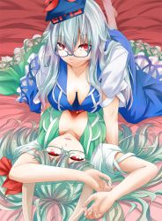 Rule 34 | 2girls, arms up, bespectacled, blue dress, blue hair, bow, breasts, cleavage, dress, dual persona, ex-keine, glasses, green dress, green hair, hair bow, hat, horn ornament, horn ribbon, horns, kamishirasawa keine, kinsenka, long hair, lying, multicolored hair, multiple girls, red eyes, ribbon, silver hair, tokin hat, touhou, two-tone hair