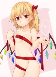 Rule 34 | 1girl, ?, blonde hair, bow, breasts, collarbone, commentary request, cowboy shot, crystal, flandre scarlet, groin, hair between eyes, hair bow, hands up, highres, long hair, miyo (ranthath), naked ribbon, navel, no headwear, nude, one side up, pink background, red bow, red eyes, red ribbon, ribbon, small breasts, solo, spoken question mark, standing, stomach, touhou, two-tone background, wings
