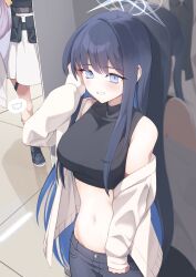 Rule 34 | 1other, 2girls, absurdres, atsuko&#039;s grin (meme), atsuko (blue archive), bare shoulders, black pants, black shirt, blue archive, blue eyes, blue hair, blush, breasts, commentary request, cowboy shot, crop top, grin, highres, jacket, large breasts, long hair, long sleeves, meme, midriff, multiple girls, navel, off shoulder, open clothes, open jacket, pants, projectorzero, reflection, saori (blue archive), sensei (blue archive), shirt, smile, standing, stomach, very long hair, white jacket