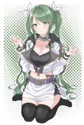 Rule 34 | 1girl, belt, black shirt, black thighhighs, blush, body writing, bracelet, breasts, cleavage, closed mouth, collar, collarbone, commentary, crop top, cropped jacket, d4dj, full body, green background, green eyes, green hair, grey belt, hair between eyes, hair ribbon, hands up, highres, hood, hood down, hooded jacket, jacket, jewelry, large breasts, long hair, long sleeves, looking at viewer, midriff, navel, partially unzipped, ribbon, shimizu esora, shirt, sidelocks, sitting, skindentation, skirt, smile, solo, swept bangs, thighhighs, twintails, wariza, white jacket, white ribbon, white skirt, wristband, yuu (vy6wh7hqrrxdxx7), zettai ryouiki, zipper