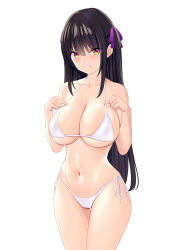 Rule 34 | 1girl, absurdres, bare arms, bare shoulders, bikini, black hair, blush, breasts, cleavage, closed mouth, collarbone, cowboy shot, hair ribbon, highres, large breasts, long hair, looking at viewer, marui koishi, navel, one side up, original, purple ribbon, ribbon, side-tie bikini bottom, simple background, solo, stomach, straight hair, strap lift, swimsuit, thigh gap, very long hair, wavy mouth, white background, white bikini, white ribbon, yellow eyes
