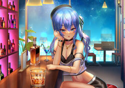 Rule 34 | 1girl, absurdres, alcohol, alternate costume, bar (place), bare shoulders, beret, black bra, black choker, black hat, black shorts, blue eyes, blue hair, blush, bra, bracelet, breasts, ceiling light, chair, choker, cocktail glass, cowboy shot, crop top, cup, drinking glass, drinking straw, eyelashes, food, fruit, green ribbon, hair between eyes, hair ribbon, hand up, hat, head rest, highres, hololive, hoshimachi suisei, indoors, jagoo, jewelry, licking lips, lime (fruit), lime slice, liquor, long hair, looking at viewer, midriff, navel, off shoulder, plant, potted plant, ribbon, short shorts, shorts, side ponytail, sitting, small breasts, smile, solo, table, thighs, tongue, tongue out, underwear, variant set, virtual youtuber, window