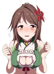 Rule 34 | 10s, 1girl, adapted costume, amagi (kancolle), bare shoulders, blush, breasts, brown eyes, brown hair, cat lingerie, cleavage, cleavage cutout, clothing cutout, crop top, embarrassed, hair between eyes, hair ornament, kantai collection, large breasts, long hair, looking at viewer, meme attire, midriff, mole, mole under eye, open mouth, ponytail, solo, toho-77, upper body