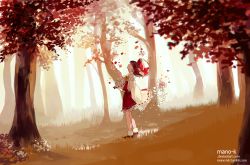 Rule 34 | 1girl, arm behind back, artist name, autumn leaves, blouse, bow, brown hair, chromatic aberration, clothing cutout, collared shirt, detached sleeves, falling leaves, forest, frills, from side, gohei, grass, hair bow, hair tubes, hakurei reimu, landscape, leaf, looking up, mano-k, nature, outdoors, red bow, red ribbon, red shirt, ribbon, ribbon-trimmed skirt, ribbon trim, sarashi, scenery, shide, shirt, side cutout, sleeveless, sleeveless shirt, socks, solo, standing, touhou, tree, tumblr username, watermark, web address, white socks, wide shot, wide sleeves, yellow ribbon