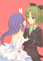 Rule 34 | 10s, 2girls, aoki reika, bad id, bad pixiv id, blue eyes, blue hair, bow, dress, elbow gloves, eye contact, formal, gloves, green eyes, green hair, hair bow, heart, highres, hinagi (fox priest), jewelry, long hair, looking at another, midorikawa nao, multiple girls, ponytail, precure, ring, smile precure!, suit, wedding band, wedding dress, wedding ring, wife and wife, yuri