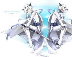 Rule 34 | 00s, 1boy, 24, 24a, bad id, bad pixiv id, belt, cape, cloud, final fantasy, final fantasy unlimited, green eyes, hair ornament, long sleeves, male focus, mask, shiroi kumo, sitting, sky, solo, sword, weapon, white hair
