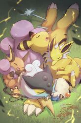 Rule 34 | 6+others, absurdres, ampharos, claws, closed eyes, commentary, creatures (company), cuddling, dedenne, electricity, fangs, flower, full body, game freak, gen 1 pokemon, gen 2 pokemon, gen 6 pokemon, grass, highres, jolteon, legendary pokemon, lying, mareep, multiple others, nintendo, no humans, nullma, open mouth, pokemon, pokemon (creature), pokemon sleep, raikou, sleeping, smile, symbol-only commentary, trait connection, yellow fur