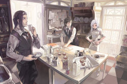 Rule 34 | 1girl, 2boys, ^ ^, antique phone, aoin, black necktie, blouse, cake, checkered floor, chef, closed eyes, collared shirt, cooking, cup, day, food, hair bun, indoors, kitchen, multiple boys, necktie, original, pastry, phone, plate, rotary phone, saucer, shirt, single hair bun, sleeves rolled up, spill, standing, vest, waistcoat, whisk, white hair, white shirt