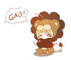 Rule 34 | 1girl, = =, ahoge, animal costume, blonde hair, blush, boned meat, chibi, eating, fate/tiger colosseum, fate (series), food, gao, happy, lion costume, lowres, meat, rynn (seibu), saber lion, short hair, solo, tail