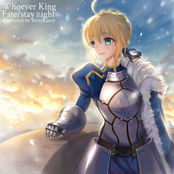 Rule 34 | 1girl, :d, ahoge, armor, armored dress, artoria pendragon (all), artoria pendragon (fate), berrykanry, blonde hair, blue dress, blue eyes, blue ribbon, braid, braided bun, breastplate, copyright name, day, dress, fate/stay night, fate (series), gauntlets, hair between eyes, hair bun, hair ribbon, highres, open mouth, outdoors, ribbon, saber (fate), short hair, smile, solo, standing