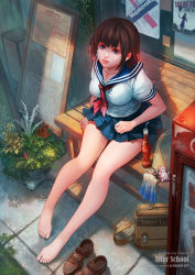 Rule 34 | 1girl, antilous, bag, bare legs, barefoot, bench, blouse, blue eyes, blue sailor collar, blue skirt, bottle, breasts, brown footwear, brown hair, coca-cola, coke bottle, commentary, day, dollar sign, drinking straw, feet, female focus, full body, highres, large breasts, lips, loafers, looking at viewer, medium breasts, menu, menu board, miniskirt, neckerchief, original, outdoors, parted lips, plant, pleated skirt, potted plant, price, red neckerchief, refrigerator, sailor collar, school bag, school uniform, serafuku, shirt, shoes, unworn shoes, short hair, short sleeves, sitting, skirt, soda bottle, solo, stuffed animal, stuffed toy, sunlight, taylor swift, teddy bear, vending machine, watermark, web address, white shirt
