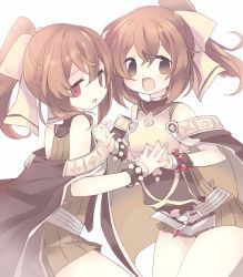 Rule 34 | 2girls, back, bad id, bad pixiv id, bare shoulders, blush, bow, bracelet, brown eyes, brown hair, cape, dark persona, delthea (fire emblem), fang, fire emblem, fire emblem echoes: shadows of valentia, jewelry, long hair, mind control, multiple girls, nintendo, open mouth, ponytail, red eyes, simple background, teu (navy), upper body, white background
