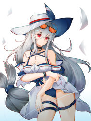Rule 34 | 1girl, absurdres, ahoge, angelfish, arknights, bai shiro@, bare shoulders, bikini, bikini bottom only, black choker, blue bikini, bracelet, breasts, choker, cleavage, closed mouth, contrapposto, cowboy shot, detached sleeves, eyewear on head, female focus, fish, gradient background, grey hair, hat, highres, infection monitor (arknights), jewelry, large breasts, long hair, looking at viewer, low-tied long hair, official alternate costume, orange-tinted eyewear, red eyes, short sleeves, skadi (arknights), skadi (waverider) (arknights), solo, sun hat, sunglasses, swimsuit, thigh strap, tinted eyewear, very long hair, white background, white hat