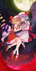 Rule 34 | 2girls, ascot, bat wings, blonde hair, blue hair, bow, flandre scarlet, full moon, hat, highres, magic circle, mary janes, mob cap, moon, multiple girls, open mouth, puffy sleeves, red eyes, remilia scarlet, shoes, short hair, short sleeves, siblings, sisters, smile, touhou, wings, wu (4401153)