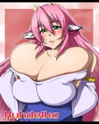 Rule 34 | 1girl, breasts, cow girl, gigantic breasts, green eyes, highres, horns, kuhdelka charolais, pink hair, solo