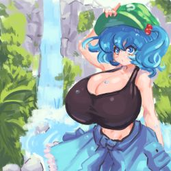 Rule 34 | 1girl, absurdres, alternate breast size, blue eyes, blue hair, breasts, cleavage, flat cap, hair bobbles, hair ornament, hat, highres, huge breasts, kawashiro nitori, medium hair, papsadachi, short twintails, sidelocks, solo, touhou, twintails, two side up