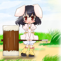Rule 34 | 1girl, :o, animal ears, arm warmers, bad id, bad pixiv id, black hair, bloomers, blue sky, blush, rabbit ears, carrot, cloud, day, dress, female focus, grass, hammer, holding, inaba tewi, jewelry, kagu8, leg warmers, looking at viewer, o omune (kagu8), open mouth, outdoors, pendant, pink dress, red eyes, ribbon, shoes, short hair, sky, solo, touhou, underwear, v arms