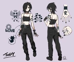 Rule 34 | 1girl, arm tattoo, back, belt, belt buckle, black eyes, black hair, black nails, bracelet, breasts, buckle, cargo pants, character name, character sheet, collar, english text, fingerless gloves, full body, gloves, grey background, hair over one eye, hand tattoo, heart, highres, jewelry, judy (sushi pizza rrr), looking at viewer, midriff, multiple views, navel, necklace, original, pants, short hair, simple background, small breasts, smile, spiked bracelet, spikes, standing, sushi pizza rrr, tattoo