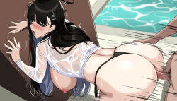 Rule 34 | 1boy, 1girl, ass, bikini, black bikini, black hair, blue archive, blush, breasts, censored, commentary request, halo, hella p, hetero, korean commentary, large breasts, long sleeves, male pubic hair, mosaic censoring, motion lines, nipples, open mouth, penis, pool, pubic hair, red eyes, rio (blue archive), sex, sex from behind, shirt, solo focus, swimsuit, water, white shirt