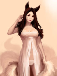 Rule 34 | 1girl, ahri (league of legends), animal ears, bad id, bad pixiv id, breasts, brown eyes, brown hair, cleavage, facial mark, fox ears, fox tail, league of legends, lipstick, long hair, makeup, medium breasts, multiple tails, nightgown, panties, preter, solo, tail, underwear, whisker markings