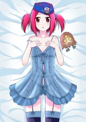 Rule 34 | 1girl, bed, blue panties, blush, duel monster, garter belt, hair ornament, hat, lingerie, lying, nightgown, no bra, on back, open mouth, panties, red eyes, red hair, sangan, see-through, short hair, skull, thighhighs, tour guide from the underworld, twintails, underwear, yu-gi-oh!, yuu-gi-ou, yu-gi-oh! duel monsters