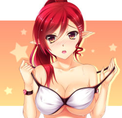 Rule 34 | 1girl, alternate hair color, blush, bra, breasts, cleavage, collarbone, elsword, embarrassed, hair between eyes, hair ornament, hairclip, head tilt, heart, highres, large breasts, long hair, looking at viewer, open mouth, orange background, outside border, pointy ears, ponytail, red eyes, red hair, rena erindel, solo, star (symbol), starry background, sweat, teeth, tsukimi kirara, underwear, undressing, upper body, white bra, wristband