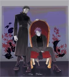 Rule 34 | 2boys, black coat, black footwear, black gloves, black jacket, black pants, black socks, black suit, black sweater, chair, character request, chinese commentary, closed eyes, closed mouth, coat, colored skin, commentary request, earrings, english text, facing viewer, formal, full body, gloves, grey skin, gun, handgun, high collar, highres, holding, holding gun, holding weapon, jacket, jewelry, long sleeves, male focus, multiple boys, pants, purple background, purple hair, revolver, saibou shinkyoku, short hair, sitting, socks, standing, suit, sweater, theodore riddle, throne, turtleneck, turtleneck sweater, weapon, yulei yuuuuu
