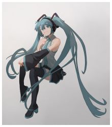 Rule 34 | 1girl, absurdres, bare shoulders, black skirt, black sleeves, black thighhighs, blouse, blue eyes, blue footwear, blue hair, blue necktie, border, collared shirt, commentary, detached sleeves, dotr art, grey background, grey shirt, grin, hair between eyes, hand on own chest, hand up, hatsune miku, head tilt, headphones, high heels, highres, invisible chair, long hair, looking at viewer, necktie, shirt, simple background, sitting, skirt, sleeveless, sleeveless shirt, sleeves past wrists, smile, solo, teeth, thighhighs, twintails, very long hair, vocaloid, white border, zettai ryouiki