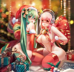 Rule 34 | 2girls, antlers, aqua eyes, aqua hair, areola slip, bell, blush, bottomless, bow, box, breasts, christmas, christmas tree, clothes pull, elbow gloves, gift, gift box, gloves, hair bell, hair between eyes, hair ornament, hat, hatsune miku, headphones, horns, jingle bell, large breasts, long hair, looking at viewer, m.mikasa, medium breasts, merry christmas, multiple girls, naked ribbon, nitroplus, nose blush, one-piece swimsuit, one-piece swimsuit pull, pink hair, red eyes, red gloves, red legwear, red one-piece swimsuit, ribbon, santa hat, seiza, sitting, slingshot swimsuit, star (symbol), striped ribbon, super sonico, swimsuit, thighhighs, twintails, very long hair, vocaloid