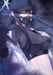 Rule 34 | 1girl, baseball cap, black gloves, black hair, black hat, black mask, blue archive, blue eyes, blue hair, blurry, blurry foreground, breasts, coat, commission, crop top, gloves, gun, hair between eyes, halo, hat, highres, holding, holding gun, holding weapon, large breasts, long hair, looking at viewer, machi (ritovoyage), mask, midriff, mouth mask, multicolored hair, open clothes, open coat, saori (blue archive), skeb commission, solo, twitter username, very long hair, weapon, white coat