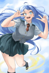 Rule 34 | 1girl, :d, absurdres, blue eyes, blue hair, boku no hero academia, breasts, collared shirt, double v, fengling (furin-jp), floating, grey vest, hadou nejire, hair flowing over, hair spread out, hands up, highres, light blue hair, long hair, looking at viewer, necktie, open mouth, pleated skirt, school uniform, shirt, skirt, smile, solo, u.a. school uniform, v, very long hair, vest, white shirt