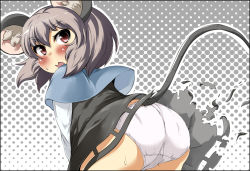 Rule 34 | 1girl, animal ears, ass, back, blush, capelet, dress, embarrassed, grey background, grey dress, grey hair, leaning forward, looking at viewer, looking back, mepikari, mouse ears, mouse tail, nazrin, open mouth, panties, polka dot, polka dot background, red eyes, short hair, solo, sweatdrop, tail, torn clothes, torn dress, touhou, underwear, white panties