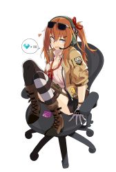 Rule 34 | 1girl, absurdres, badge, blonde hair, blue eyes, blush, boots, breasts, chair, cleavage, condom, cross-laced footwear, eyewear on head, full body, gem, girls&#039; frontline, gloves, hair between eyes, hair ornament, hair ribbon, hairclip, headphones, headset, heart, high heel boots, high heels, highres, kalina (girls&#039; frontline), lace-up boots, long hair, looking at viewer, ningen (ningen96), office chair, open mouth, ponytail, red neckwear, red ribbon, ribbon, shirt, side ponytail, simple background, sitting, solo, speech bubble, sunglasses, swivel chair, thighhighs, white background, white gloves