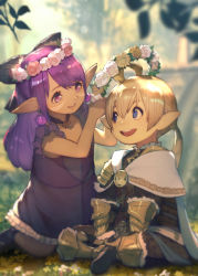 Rule 34 | 1boy, 1girl, ahoge, armor, warrior of light (ff14), blonde hair, blue eyes, blurry, blurry background, bow, dress, earrings, final fantasy, final fantasy xiv, flower wreath, frills, gauntlets, greaves, hair between eyes, hair bow, hide (hideout), highres, indian style, jewelry, kneeling, lalafell, long hair, looking at another, matching hair/eyes, open mouth, pointy ears, ponytail, purple eyes, purple hair, sitting, sleeveless, smile