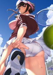 Rule 34 | 1girl, absurdres, ass, ball, blue sky, blunt bangs, breasts, brown eyes, brown hair, chain-link fence, cloud, cloudy sky, commentary request, day, eyebrows, fence, frilled panties, frills, from behind, glint, highres, holding, holding racket, jacket, jovejun, large breasts, leg lift, letterman jacket, looking at viewer, looking back, miniskirt, open clothes, open jacket, open mouth, original, outdoors, panties, pink shirt, pleated skirt, racket, red jacket, shirt, shoes, short eyebrows, short hair, short hair with long locks, sidelocks, skirt, sky, sneakers, solo, sportswear, tennis, tennis ball, tennis court, tennis net, tennis racket, tennis uniform, thick eyebrows, thighs, track jacket, tsubomioka happa, underwear, very short hair, visor cap, white footwear, white panties, white skirt