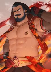 Rule 34 | 1boy, armpit hair, bara, bare pectorals, beard, black hair, blurry, blurry background, character name, crave saga, deszaiv (crave saga), detached sleeves, facial hair, finger in ear, flame print, frown, full beard, gloves, gorou naoki, hand on own hip, highres, jewelry, large pectorals, looking to the side, male focus, mature male, muscular, muscular male, mustache, nipple piercing, pectorals, pendant, piercing, short hair, solo, sparse navel hair, steam, sweat, upper body
