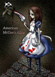 Rule 34 | 1girl, alice (alice in wonderland), alice in wonderland, alice liddell (american mcgee&#039;s alice), american mcgee&#039;s alice, blood, brown hair, hat, knife, solo, tagme, uranoyoru