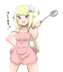 Rule 34 | 1girl, :d, apron, bad id, bad pixiv id, bare arms, bare shoulders, blonde hair, blue eyes, blush, breasts, collarbone, elf, hair ornament, hand on own hip, holding, ladle, long hair, low-tied long hair, medium breasts, naked apron, open mouth, original, pink apron, pointy ears, sidelocks, simple background, smile, solo, sparkle, translated, u-non (annon&#039;an), very long hair, white background
