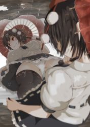 Rule 34 | 1girl, bare arms, black skirt, brown hair, brown thighhighs, closed mouth, clothes lift, commentary request, from behind, hat, highres, holding, holding clothes, holding skirt, holding umbrella, kagami toufu, looking back, panties, pantyshot, pantyshot through reflection, pointy ears, pom pom (clothes), puddle, puffy short sleeves, puffy sleeves, rain, red eyes, reflection, ripples, shameimaru aya, shirt, short hair, short sleeves, skirt, smile, solo, standing, thighhighs, tokin hat, touhou, umbrella, underwear, upskirt, water, white panties, white shirt