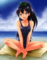 Rule 34 | 1girl, barefoot, beach, black hair, blue eyes, breasts, cleavage, fang, feet, ganaha hibiki, hair ribbon, highres, idolmaster, idolmaster (classic), indian style, kaiga, long hair, long legs, looking at viewer, one-piece swimsuit, open mouth, ponytail, ribbon, school swimsuit, sitting, smile, solo, swimsuit, towel