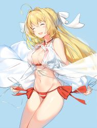 Rule 34 | 1girl, :d, ^ ^, absurdres, ahoge, bare shoulders, bikini, blonde hair, blue background, blush, bow, breasts, cleavage, closed eyes, collarbone, commentary request, criss-cross halter, facing viewer, fate/grand order, fate (series), flower, groin, hair between eyes, hair bow, hair intakes, halterneck, head tilt, highres, jacket, large breasts, long hair, navel, nero claudius (fate), nero claudius (fate) (all), nero claudius (swimsuit caster) (fate), nero claudius (swimsuit caster) (third ascension) (fate), open mouth, ribbon, rose, round teeth, see-through, side-tie bikini bottom, sidelocks, silver (chenwen), simple background, smile, solo, striped bikini, striped clothes, swimsuit, teeth, upper teeth only, very long hair, white bow, white flower, white ribbon, white rose